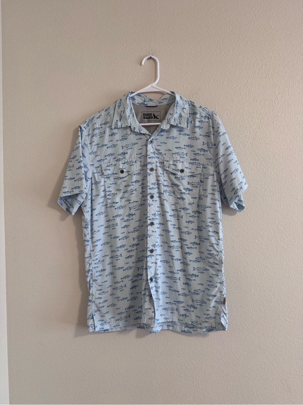 Eddie Bauer Light Blue Short-Sleeve Shirt with Navy Fish Print